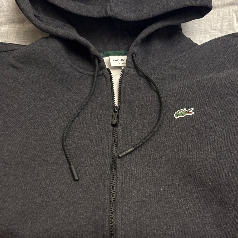 Lacoste Charcoal Zip-Up Hoodie with Green Logo